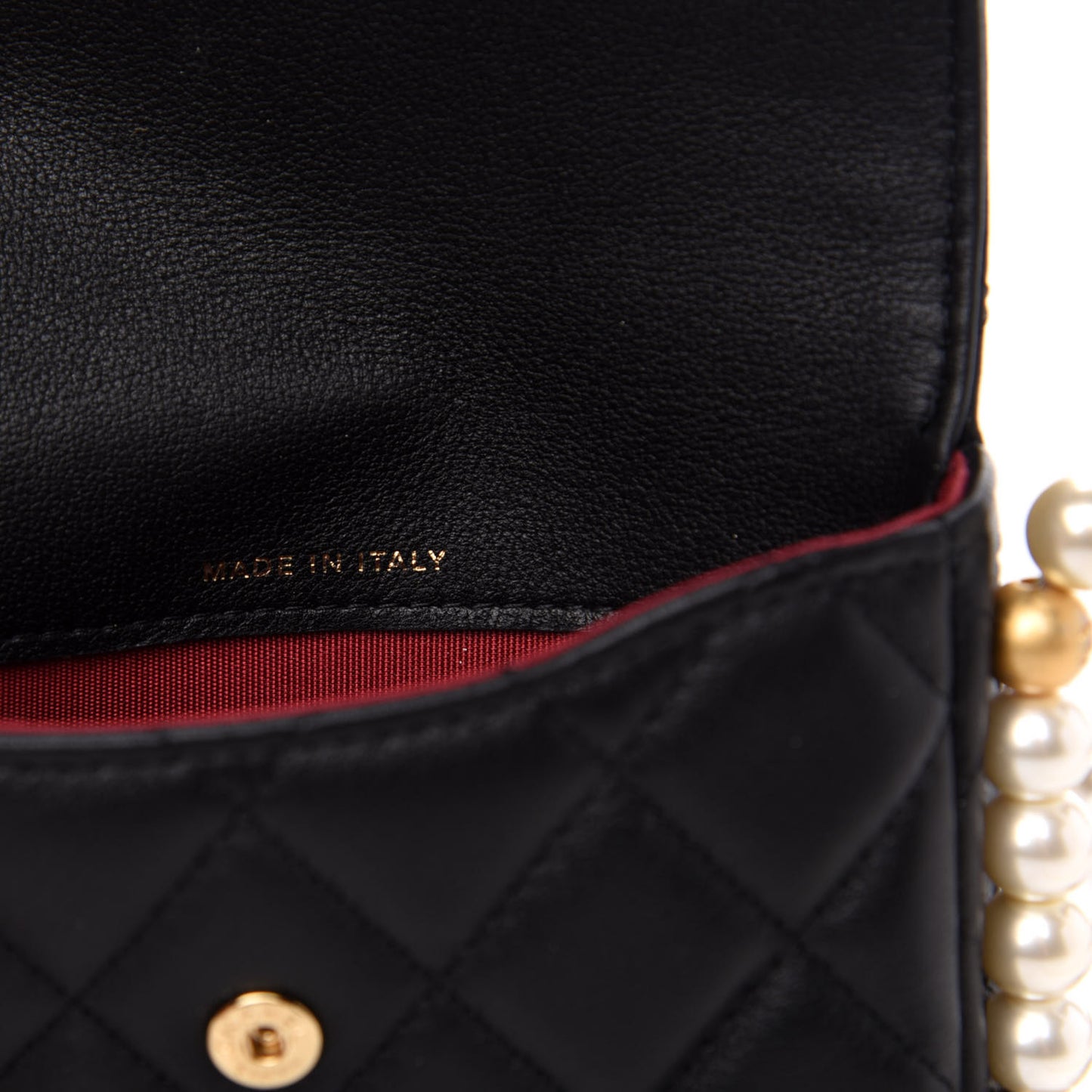 Calfskin Quilted About Pearls Card Holder Flap With Chain Black