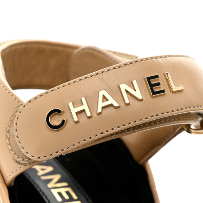 Chanel Shiny Calfskin Quilted Wedge Sandals 37 Beige 10 of 12