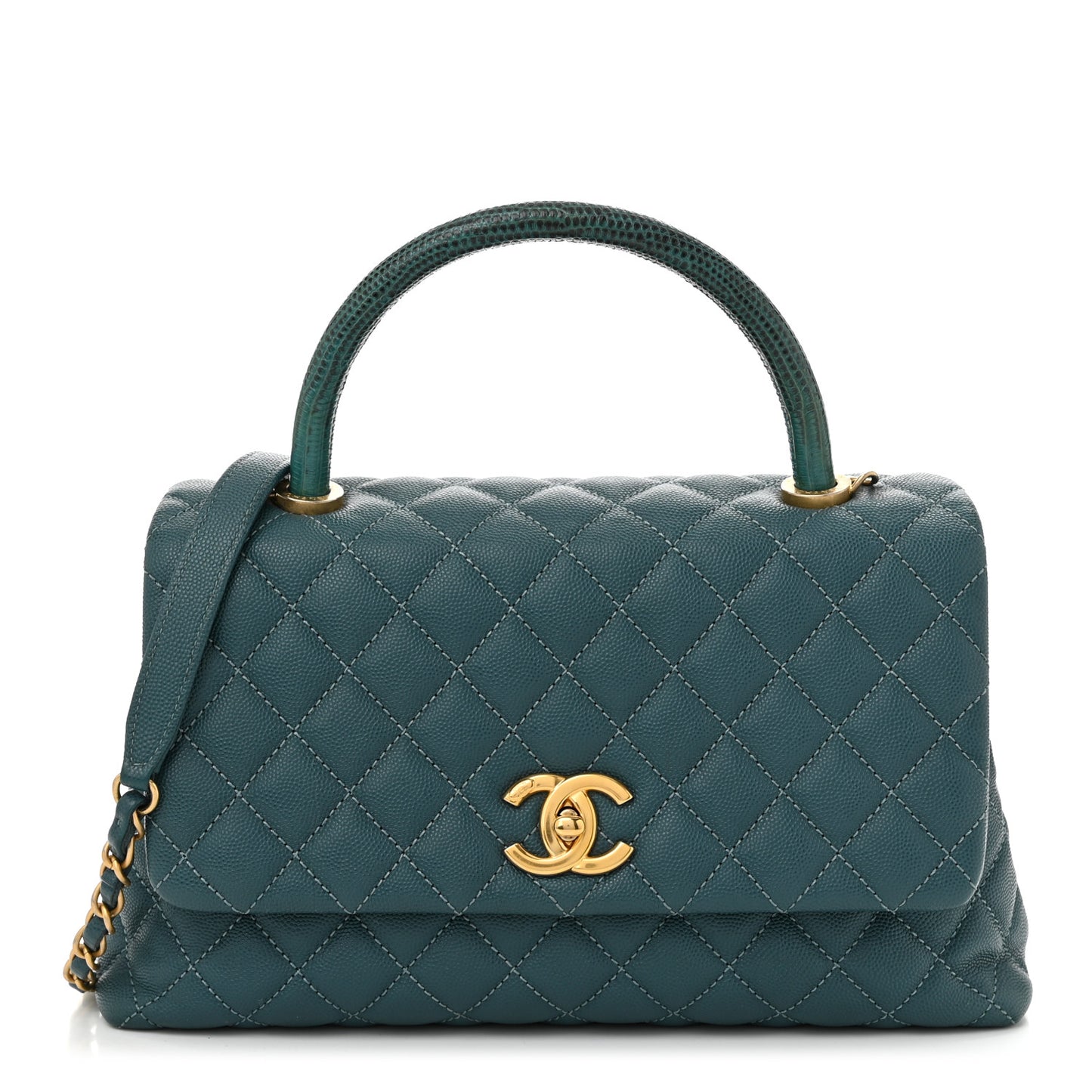 Caviar Lizard Quilted Small Coco Handle Flap Dark Turquoise