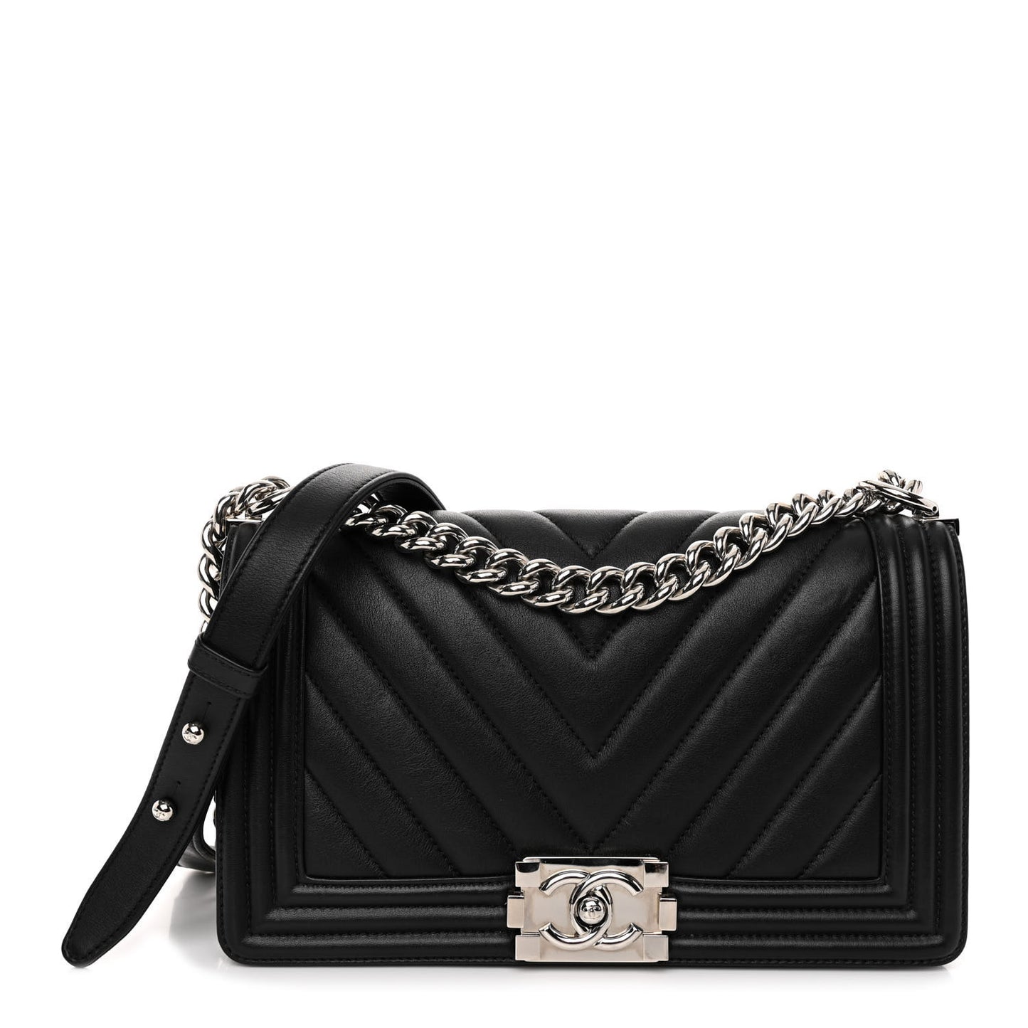 Calfskin Chevron Quilted Medium Boy Flap Black