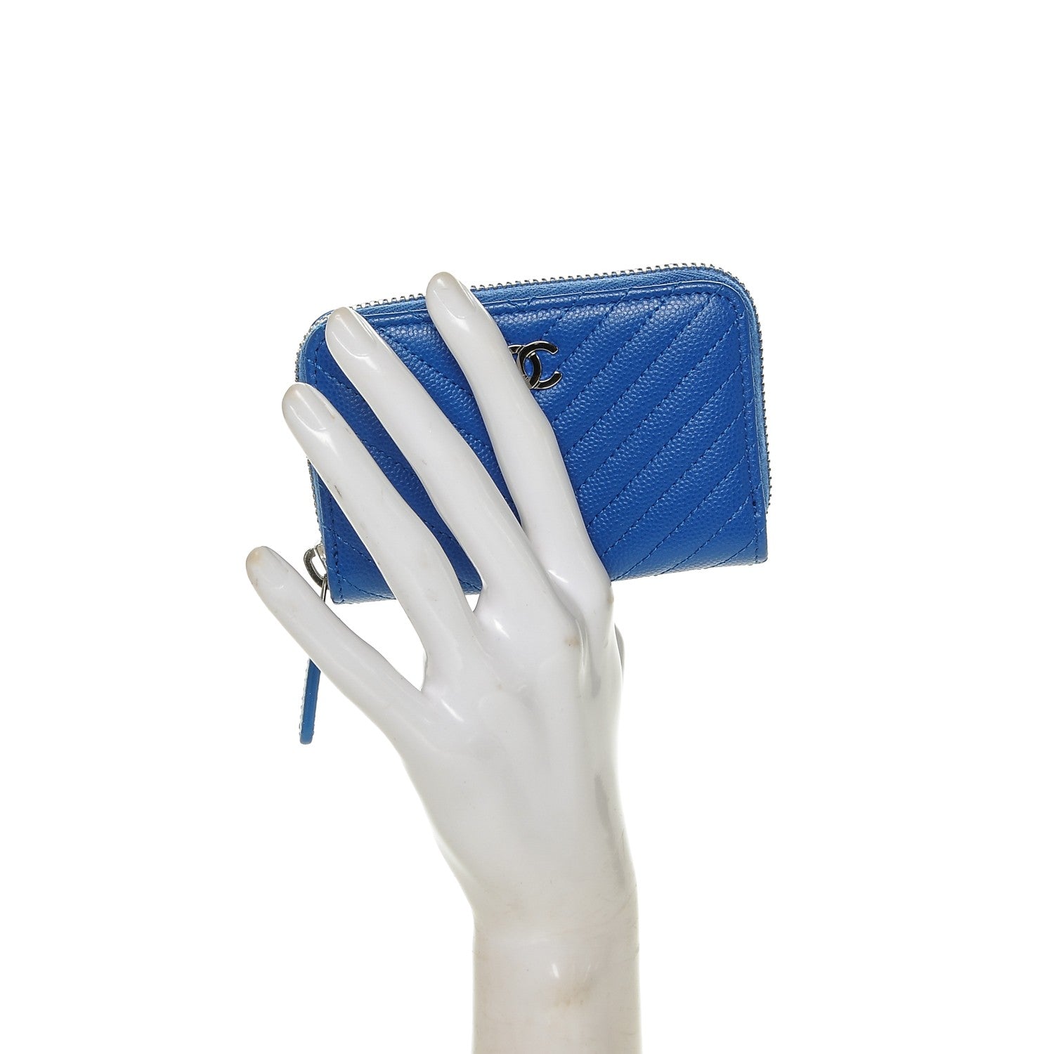 Chanel Caviar Chevron Quilted Zip Around Coin Purse Blue 2 of 7