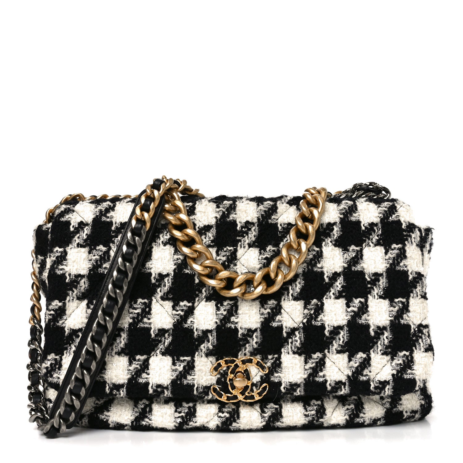 Chanel Tweed Quilted Maxi Chanel 19 Flap Black Ecru White 1 of 10