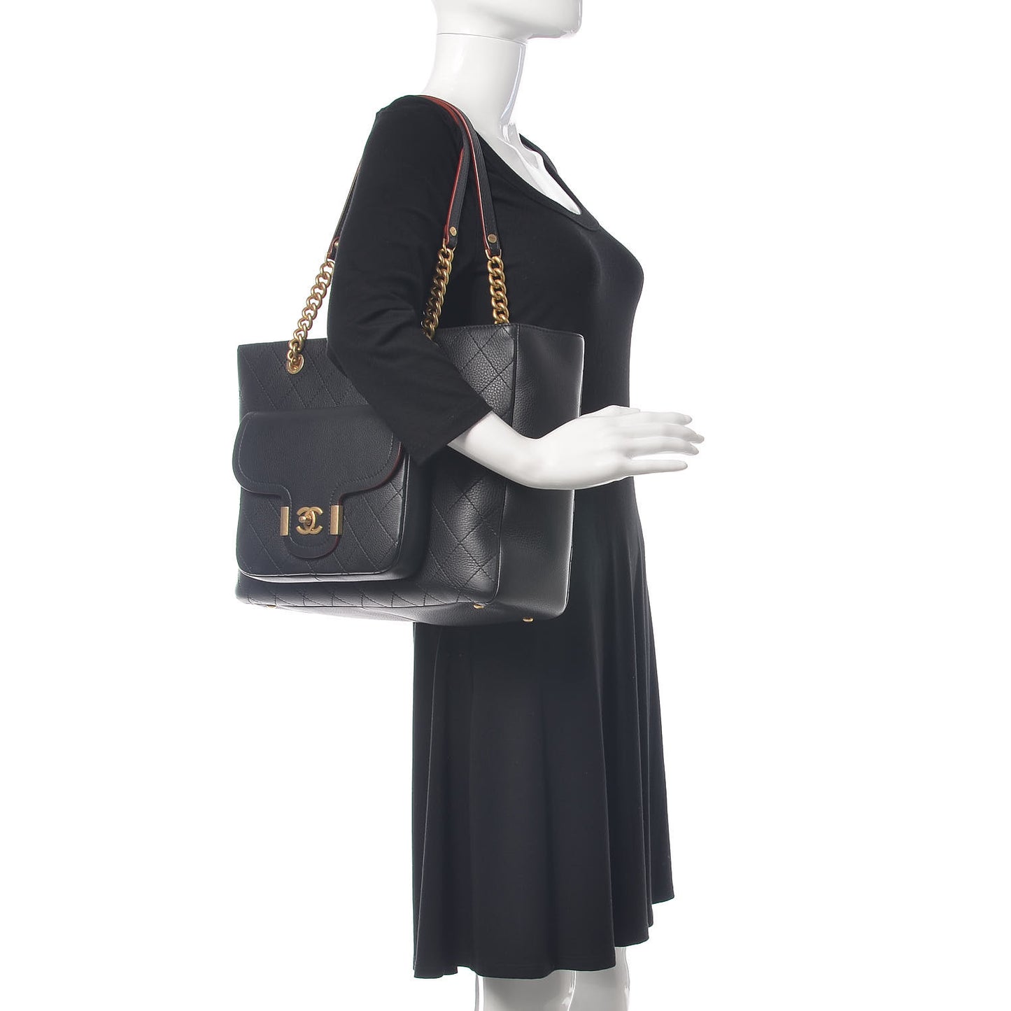 Calfskin Stitched Archi Chic Large Tote Black