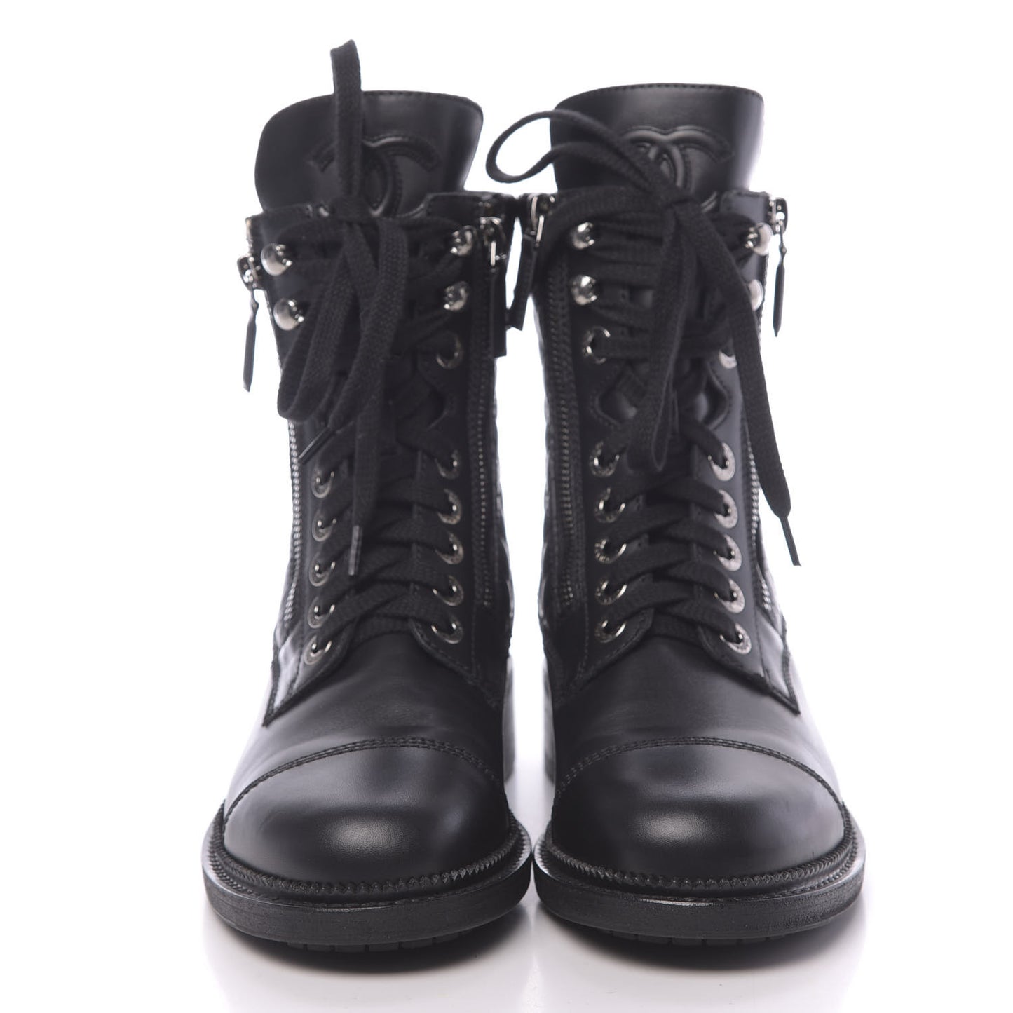 Calfskin Quilted Lace Up Combat Boots 36.5 Black