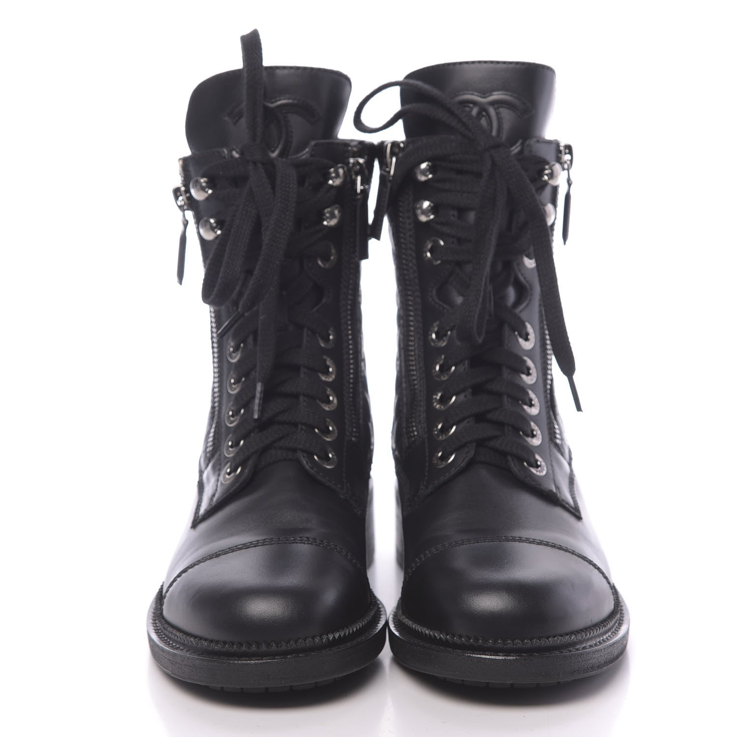 Chanel Calfskin Quilted Lace Up Combat Boots 36.5 Black 2 of 8