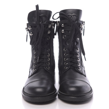 Chanel Calfskin Quilted Lace Up Combat Boots 36.5 Black 2 of 8