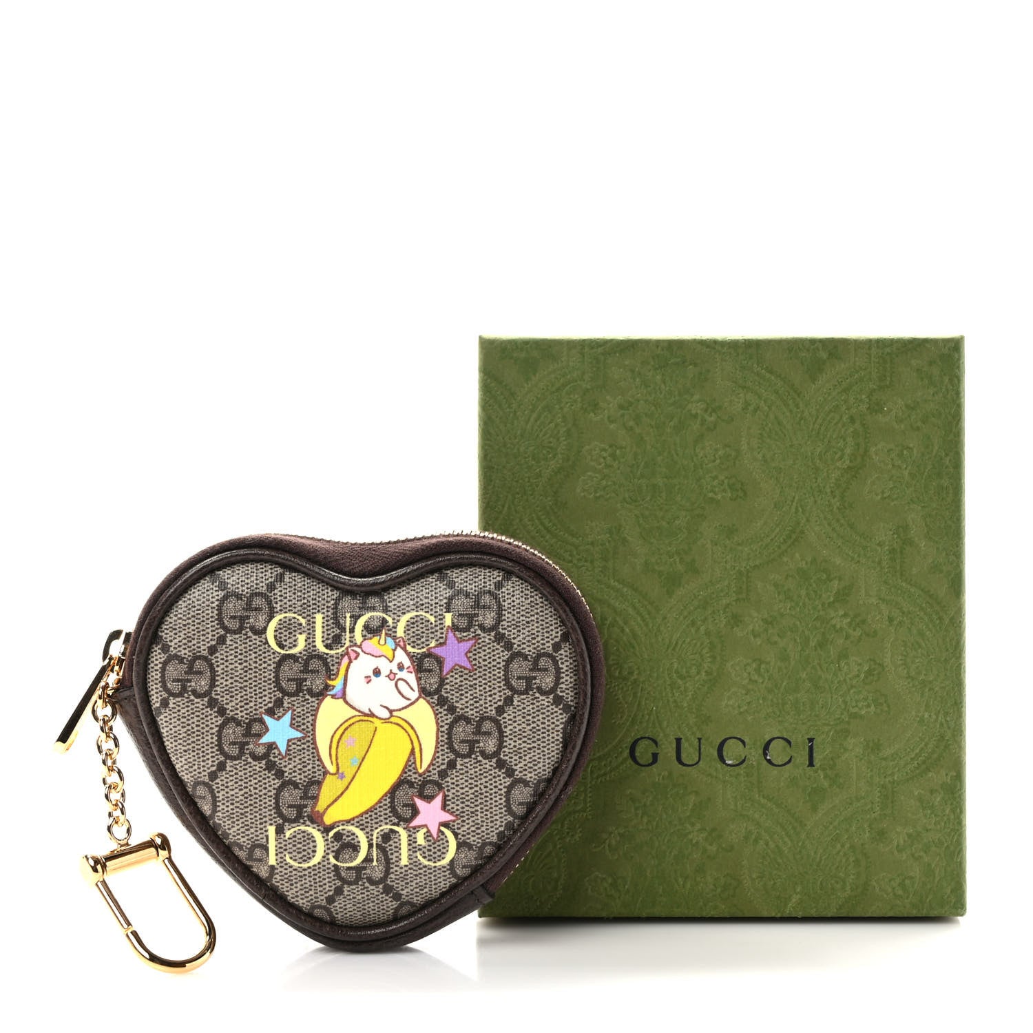 Gucci X BNF GG Supreme Monogram Textured Dollar Calfskin Bananya Print Heart Coin Purse Beige Ebony Multicolor New Acero 8 of 8