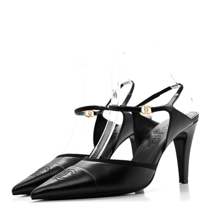 Chanel Lambskin Pointed Cap Toe CC Slingback Pumps 38 Black 4 of 12