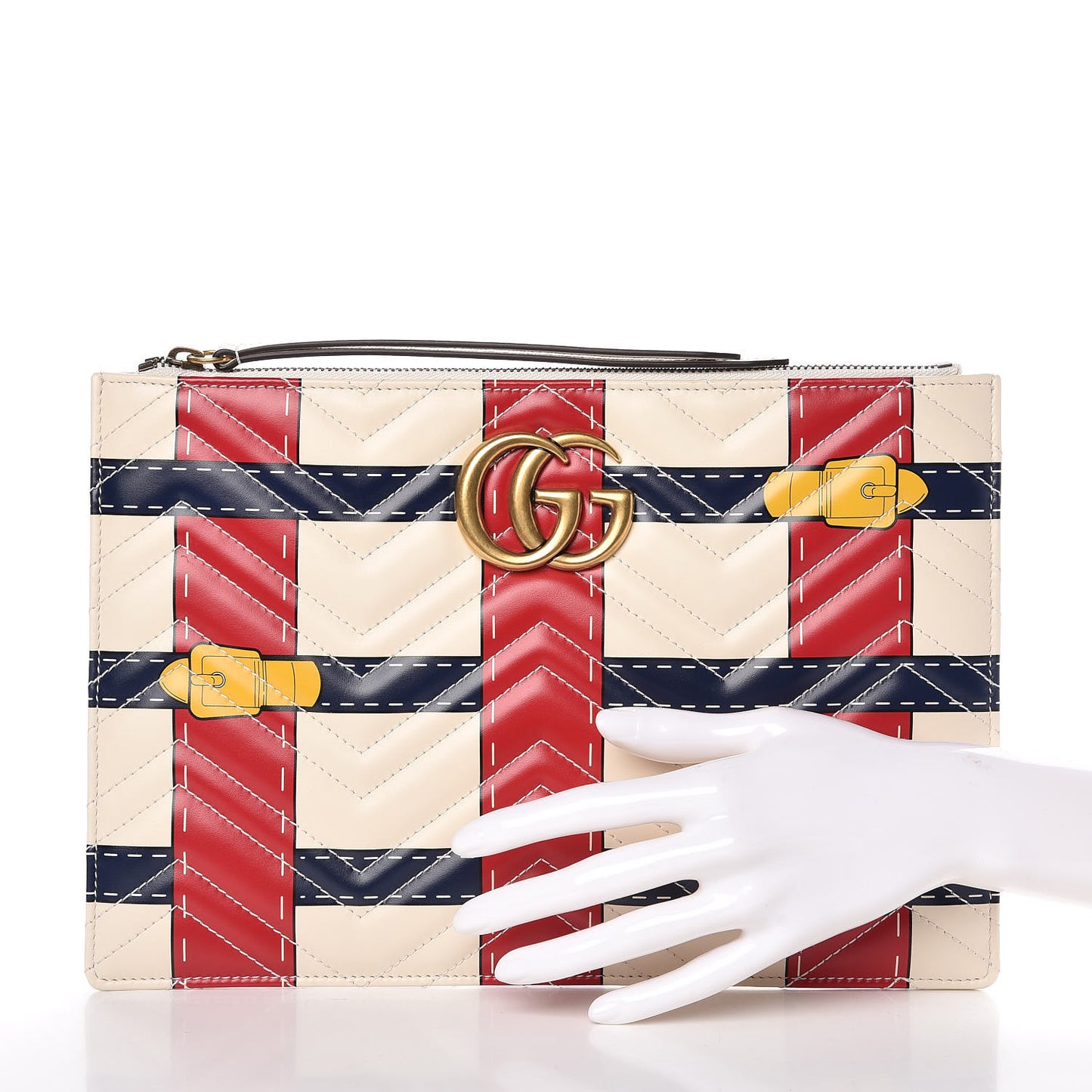 Calfskin Matelasse Trompe L'Oeil Print GG Marmont Zip Pouch White