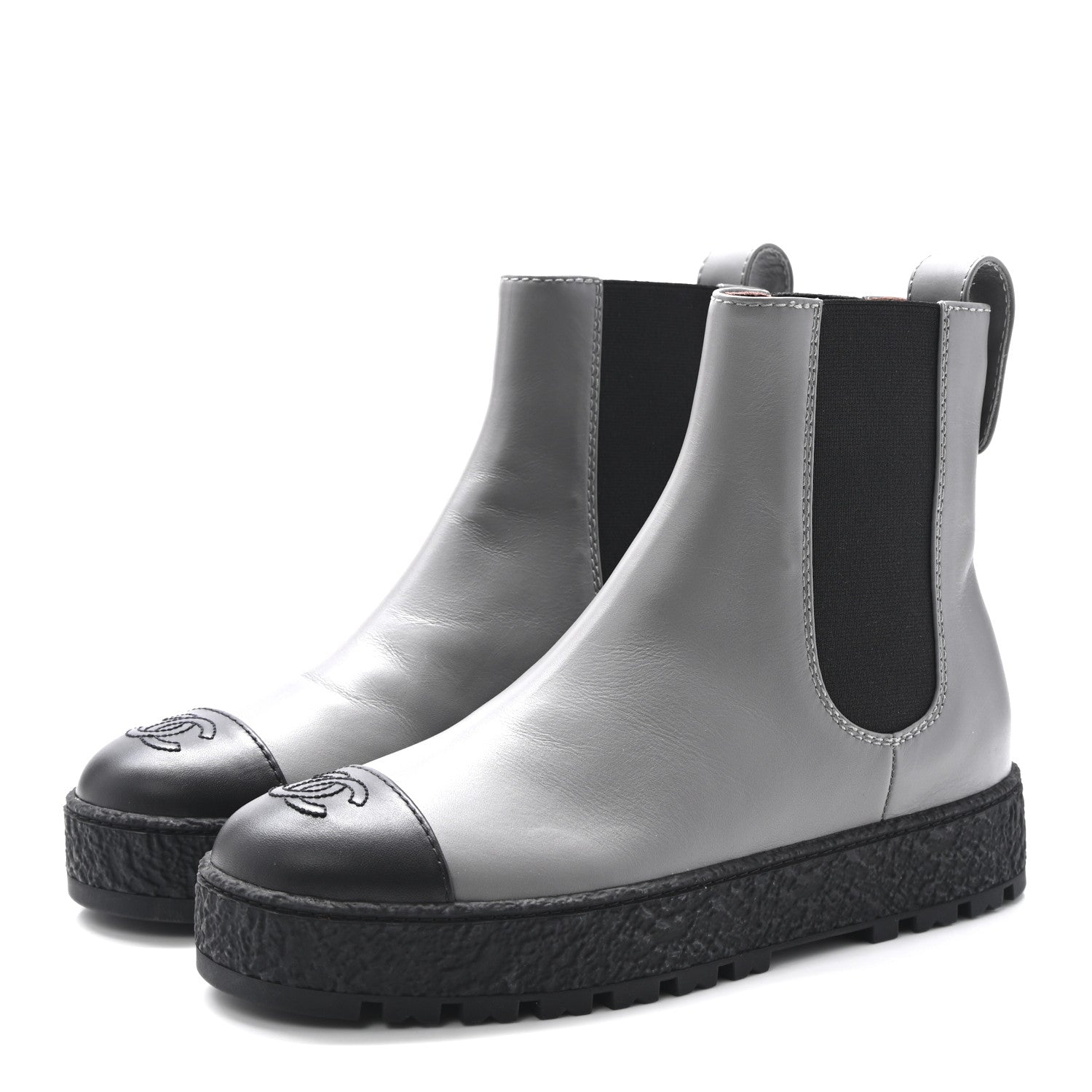 Chanel Calfskin Cap Toe CC Ankle Boots 38.5 Grey Black 4 of 10