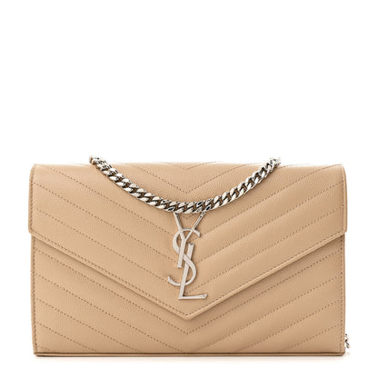 Saint Laurent Grain De Poudre Matelasse Chevron Cassandre Chain Wallet Dark Beige 1 of 12