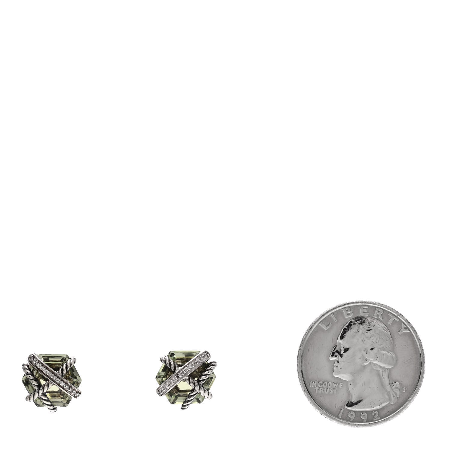 David Yurman Sterling Silver Diamond Prasiolite 10mm Cable Wrap Earrings 2 of 5