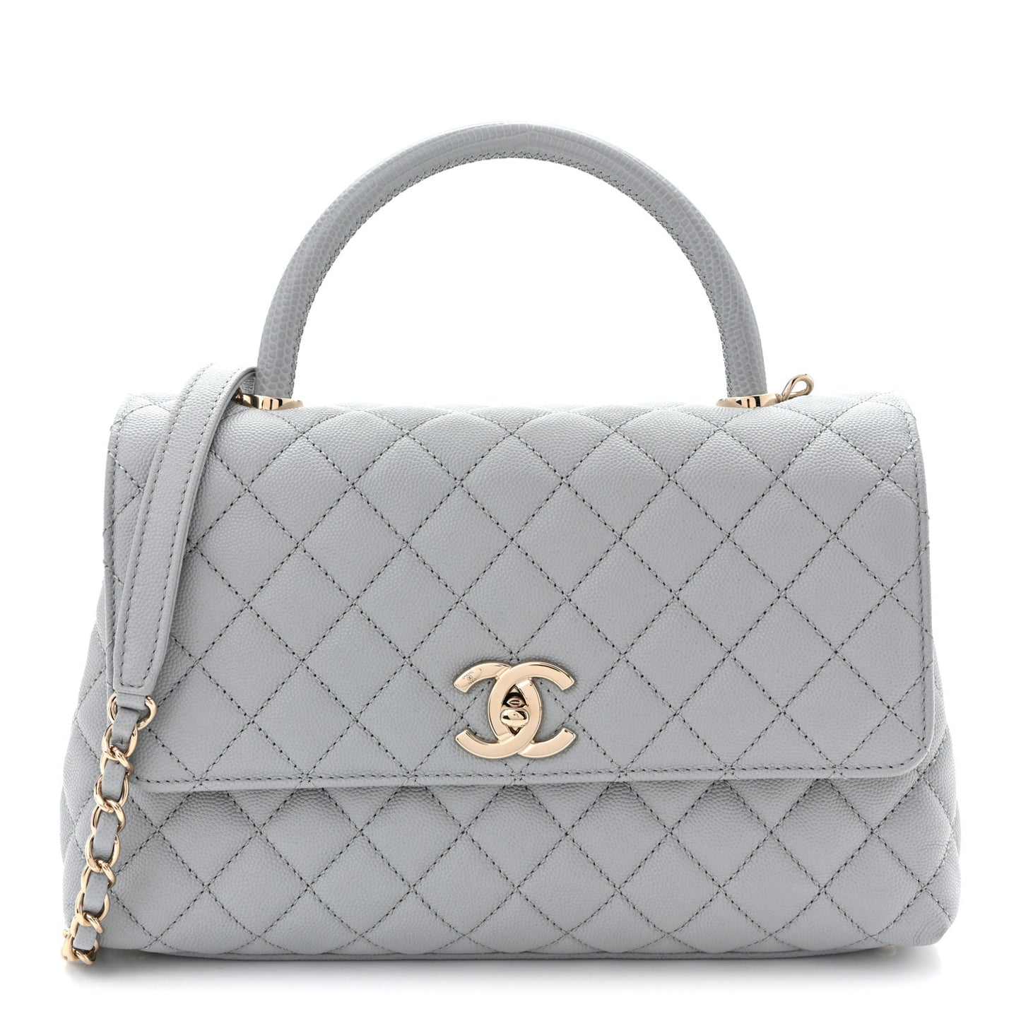 Caviar Lizard Embossed Quilted Small Coco Handle Flap Light Grey