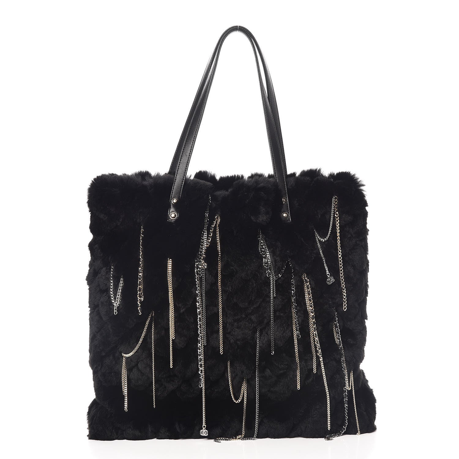 Chanel Rabbit Fur Quilted Embellished Shopping Tote Black 3 of 11