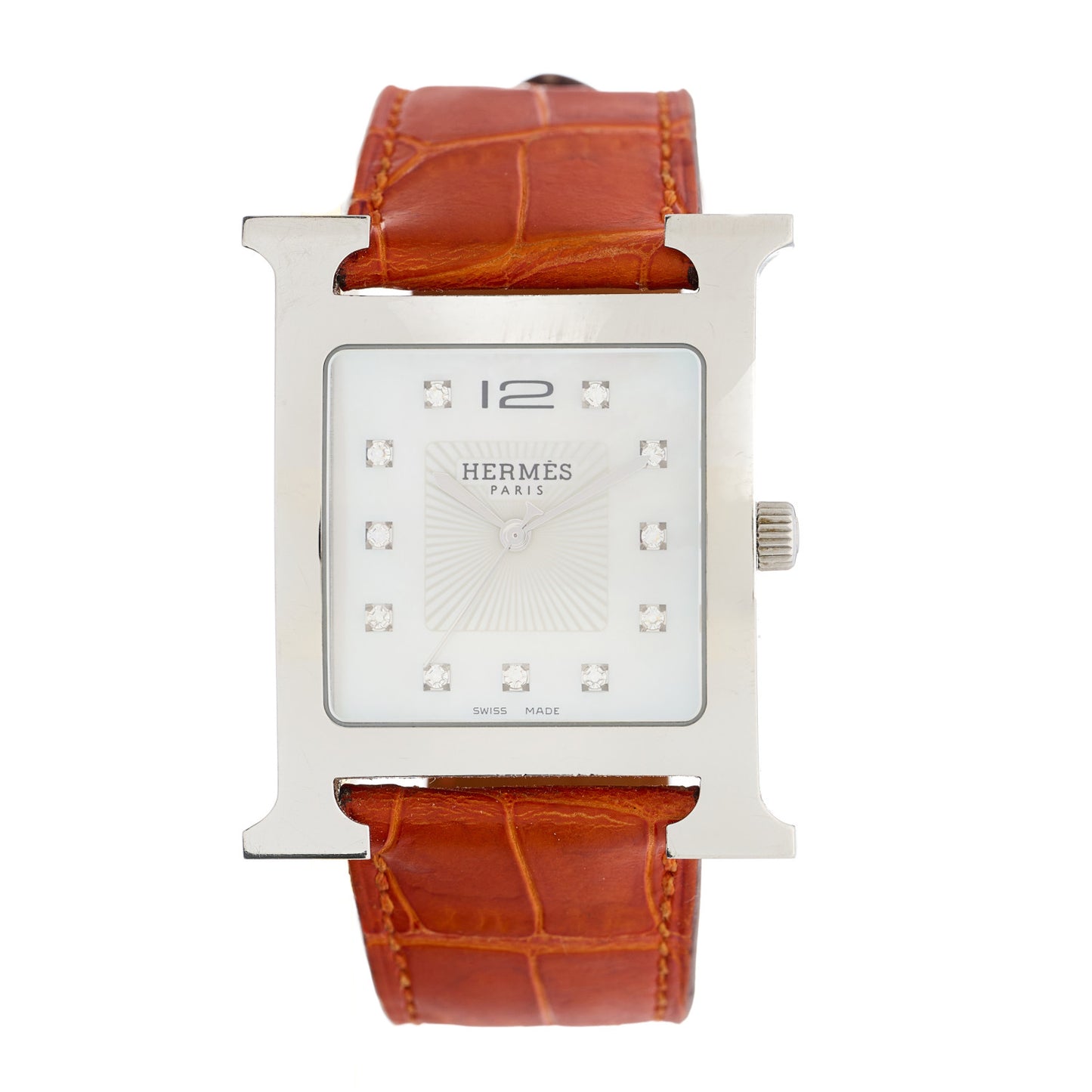 Stainless Steel Alligator Diamond Mother of Pearl 30.5mm Heure H Hour Quartz Watch Orange