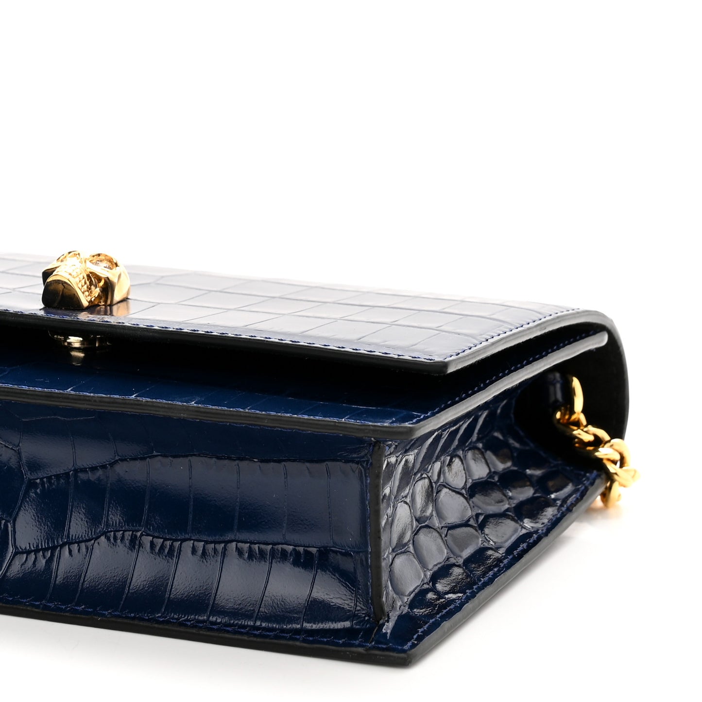Calfskin Crocodile Embossed Skull Mini Crossbody Bag Deep Lapis Blue