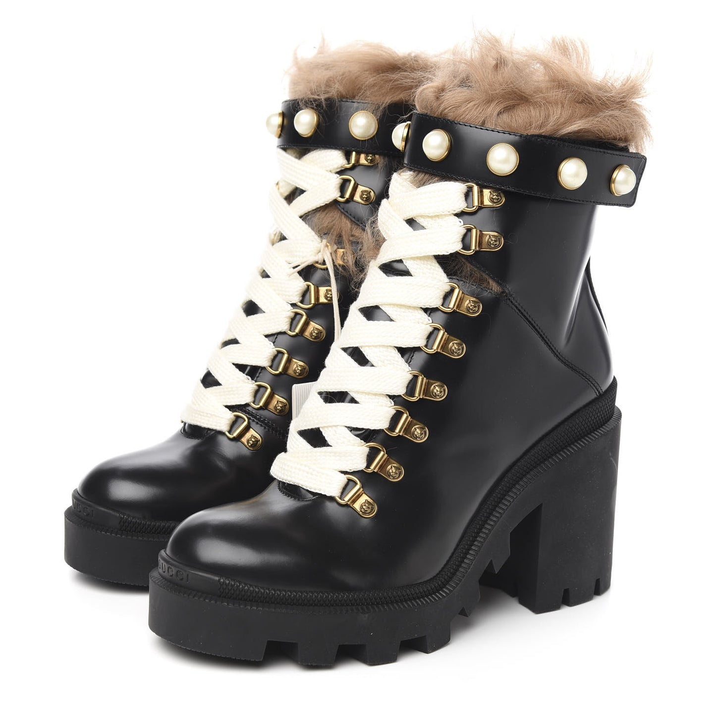 Magnum Calfskin Fur Pearl Lace Up Combat Ankle Boots 37 Black Naturale