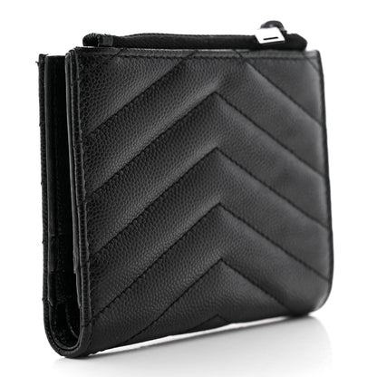 Saint Laurent Grain De Poudre Matelasse Chevron Monogram Zipped Card Case Black 3 of 8