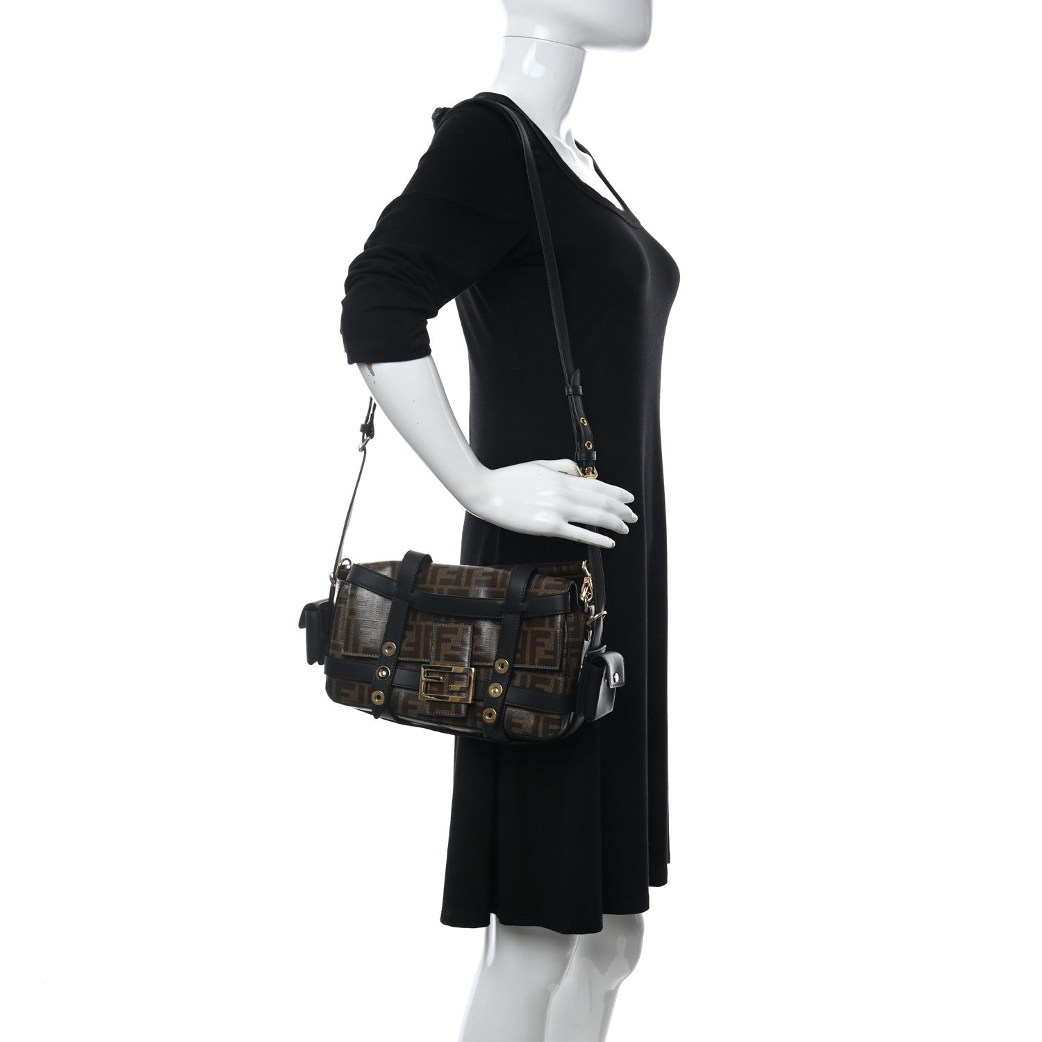 Fendi Glazed Fabric Vitello Century FF 1974 Large Baguette Cage Mogano Panna Black 2 of 10