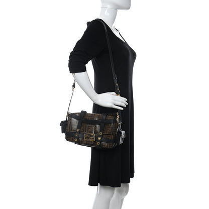 Fendi Glazed Fabric Vitello Century FF 1974 Large Baguette Cage Mogano Panna Black 2 of 10