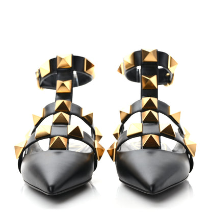 Valentino Garavani Calfskin Roman Stud Ankle Strap Flat Mules 37 Black 2 of 8