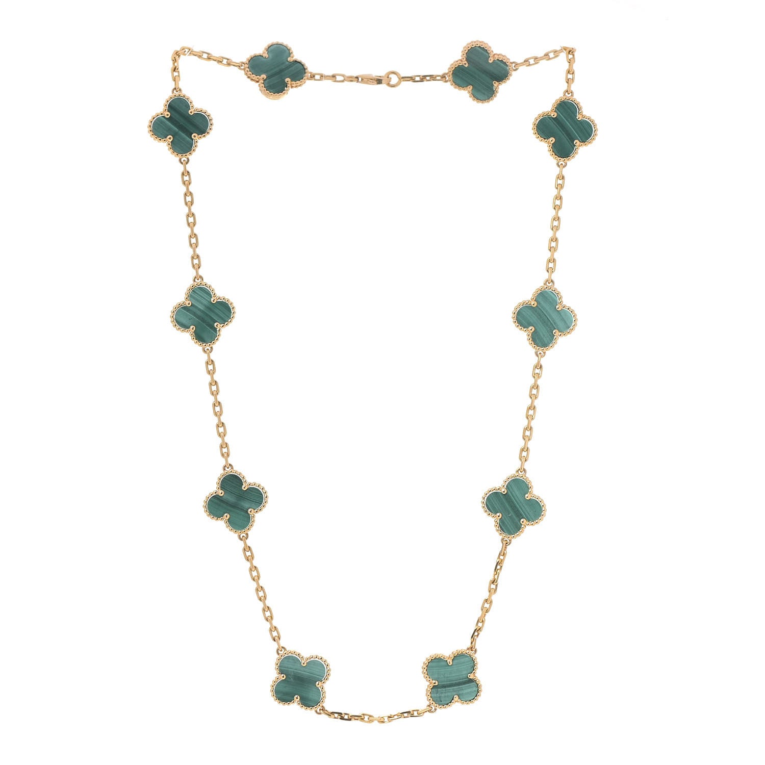 Van Cleef & Arpels 18K Yellow Gold Malachite 10 Motifs Vintage Alhambra Necklace 3 of 4
