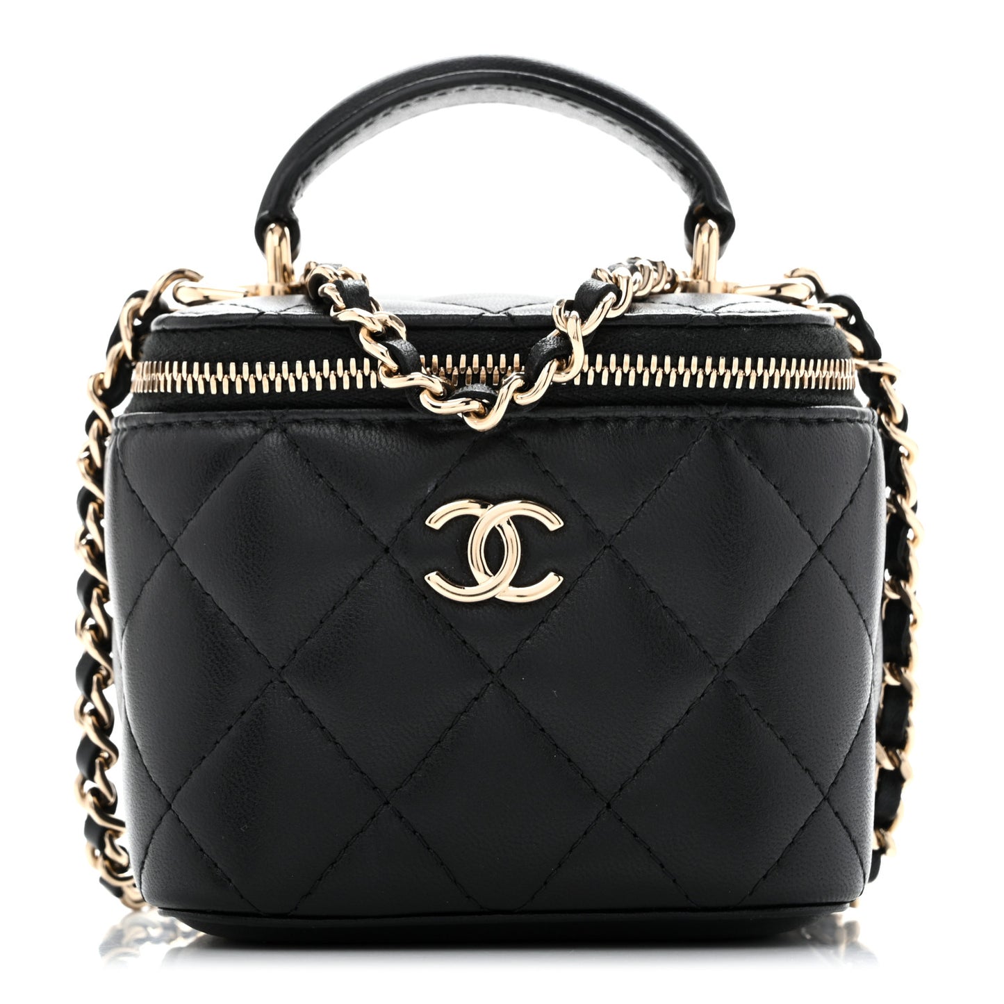 Lambskin Quilted Top Handle Mini Vanity Case With Chain Black
