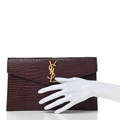 Saint Laurent Calfskin Crocodile Embossed Uptown Monogram Clutch Rouge Legion 2 of 8