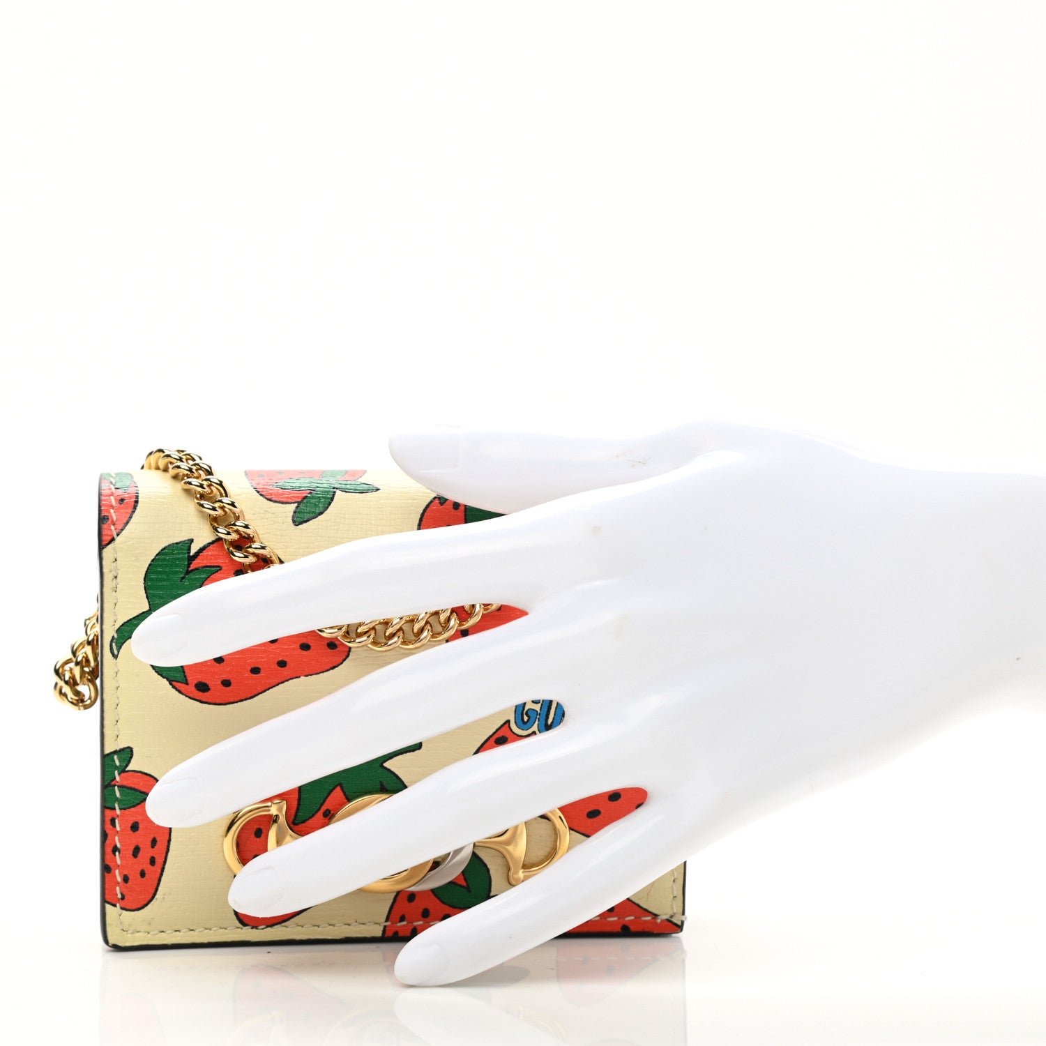 Gucci Calfskin Strawberry Print Zumi Chain Card Case Wallet Ivory Red 2 of 11