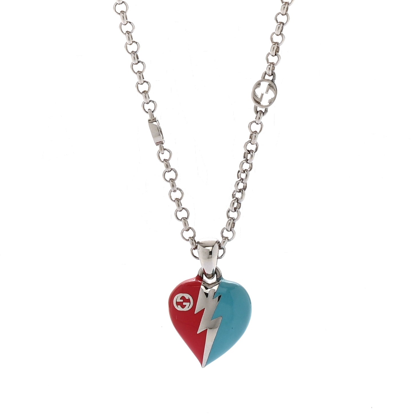 Metal Enamel Interlocking G Heart Lightning Charm Necklace Red Blue