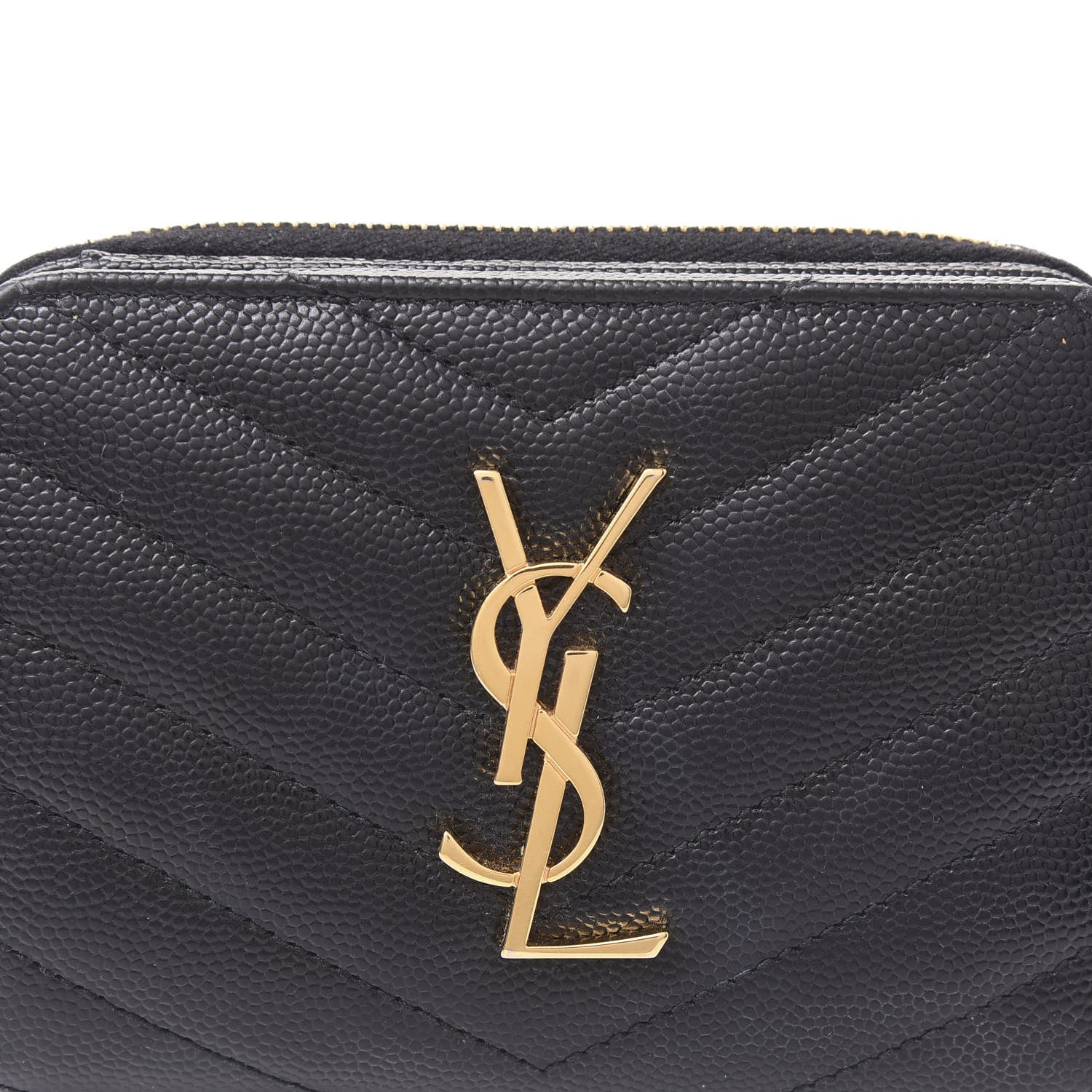 Saint Laurent Grain De Poudre Matelasse Chevron Monogram Compact Zip Around Wallet Black 10 of 11