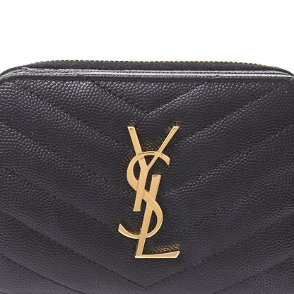Saint Laurent Grain De Poudre Matelasse Chevron Monogram Compact Zip Around Wallet Black 10 of 11