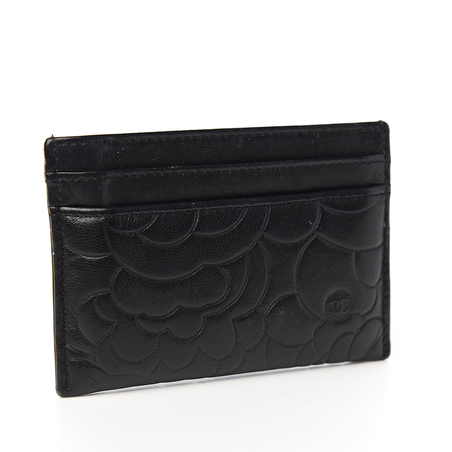 Lambskin Camellia Embossed Card Holder Black