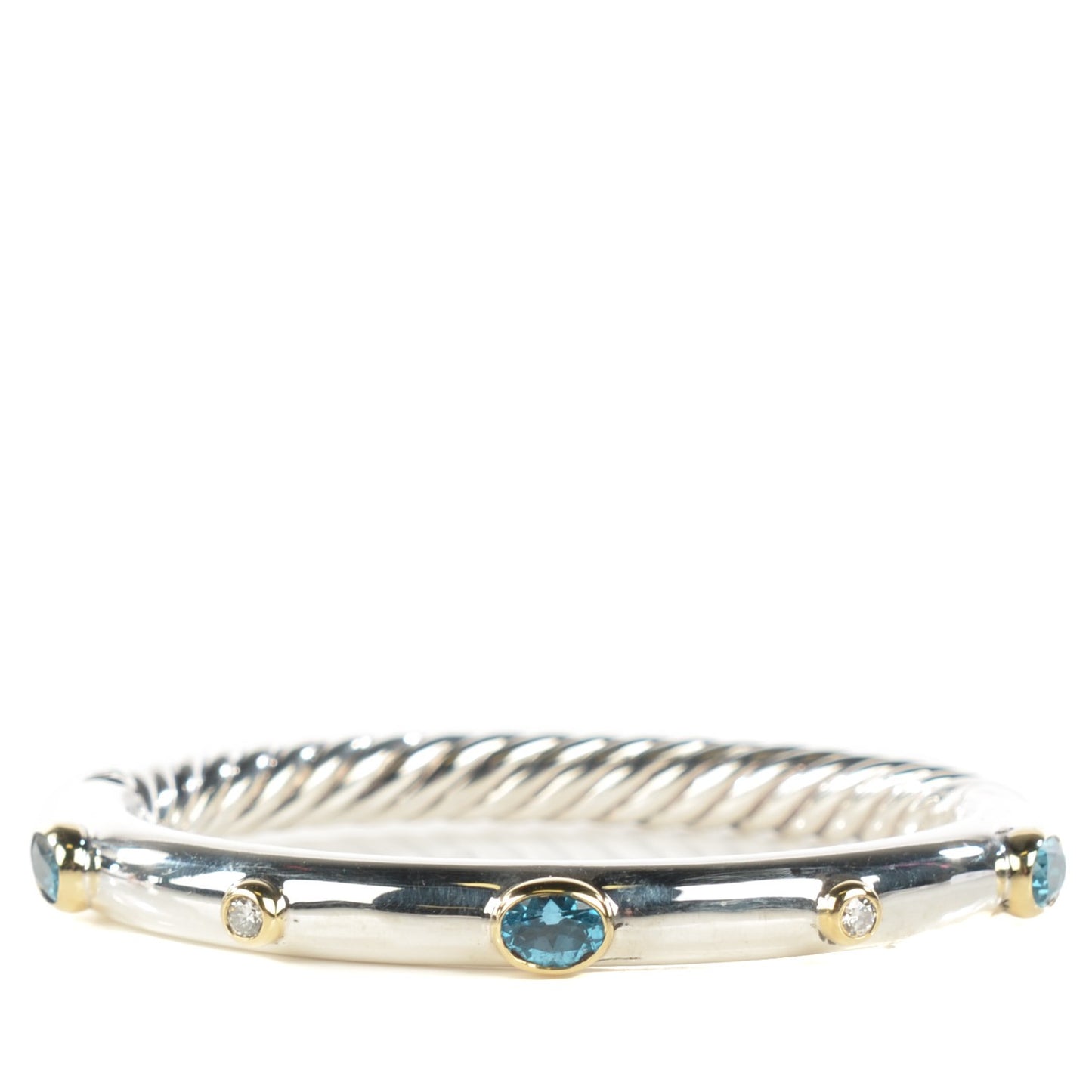 Sterling Silver 18K Yellow Gold Blue Topaz Diamond 7mm Renaissance Bangle Bracelet
