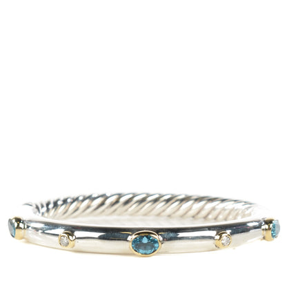 David Yurman Sterling Silver 18K Yellow Gold Blue Topaz Diamond 7mm Renaissance Bangle Bracelet 1 of 6