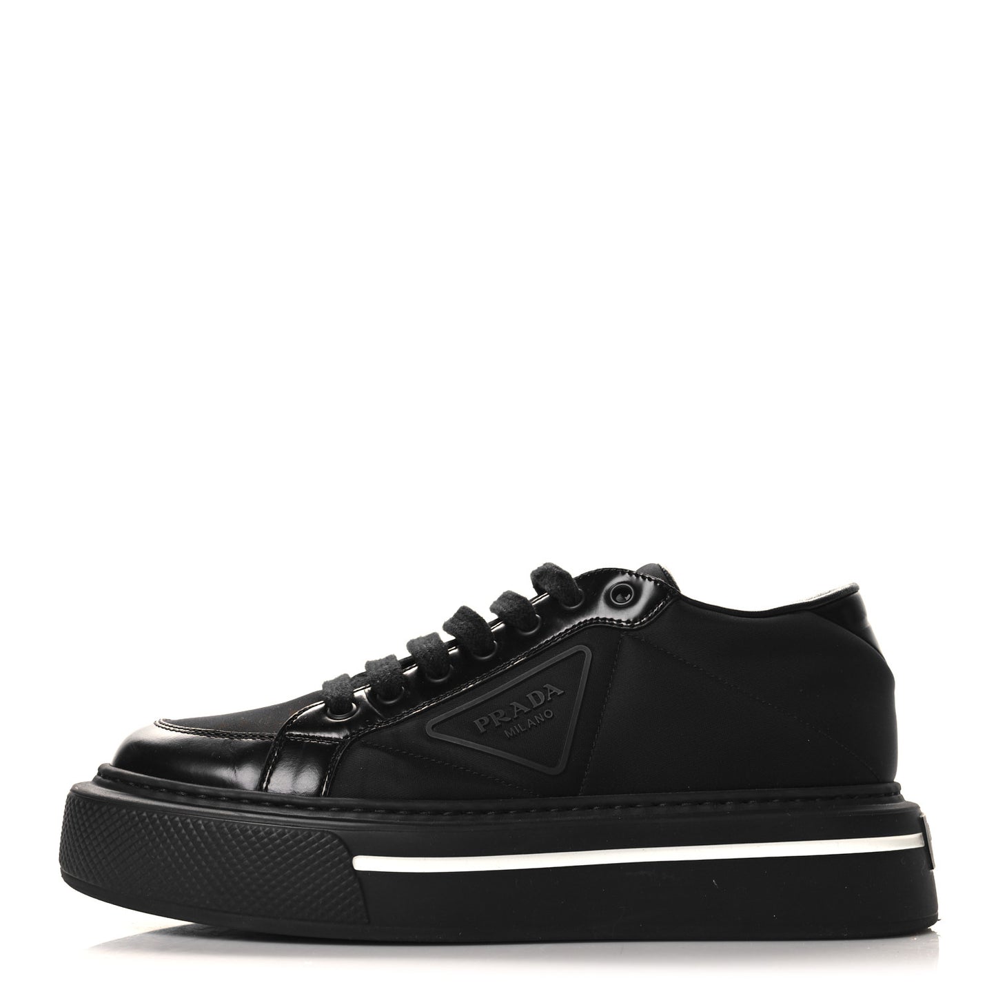 Re-Nylon Spazzolato Rubber Triangle Logo Macro Quilted Womens 45mm Platform Sneakers 38.5 Black