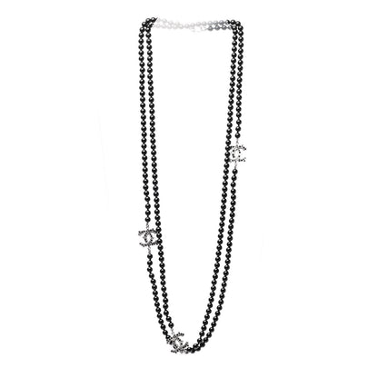 Chanel Baguette Crystal Beaded CC Long Necklace Black Silver 3 of 5
