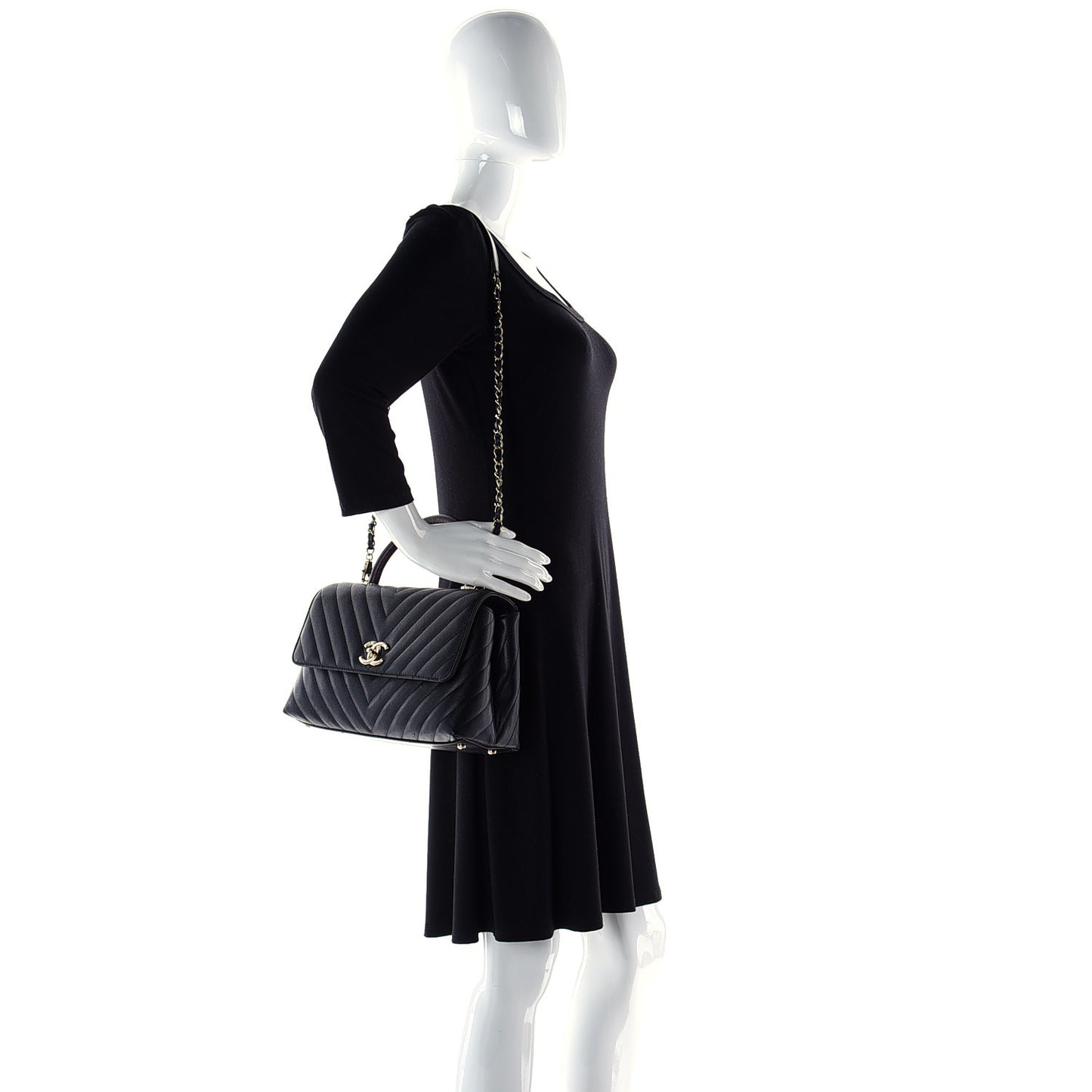 Caviar Lizard Embossed Chevron Quilted Medium Coco Handle Flap Black