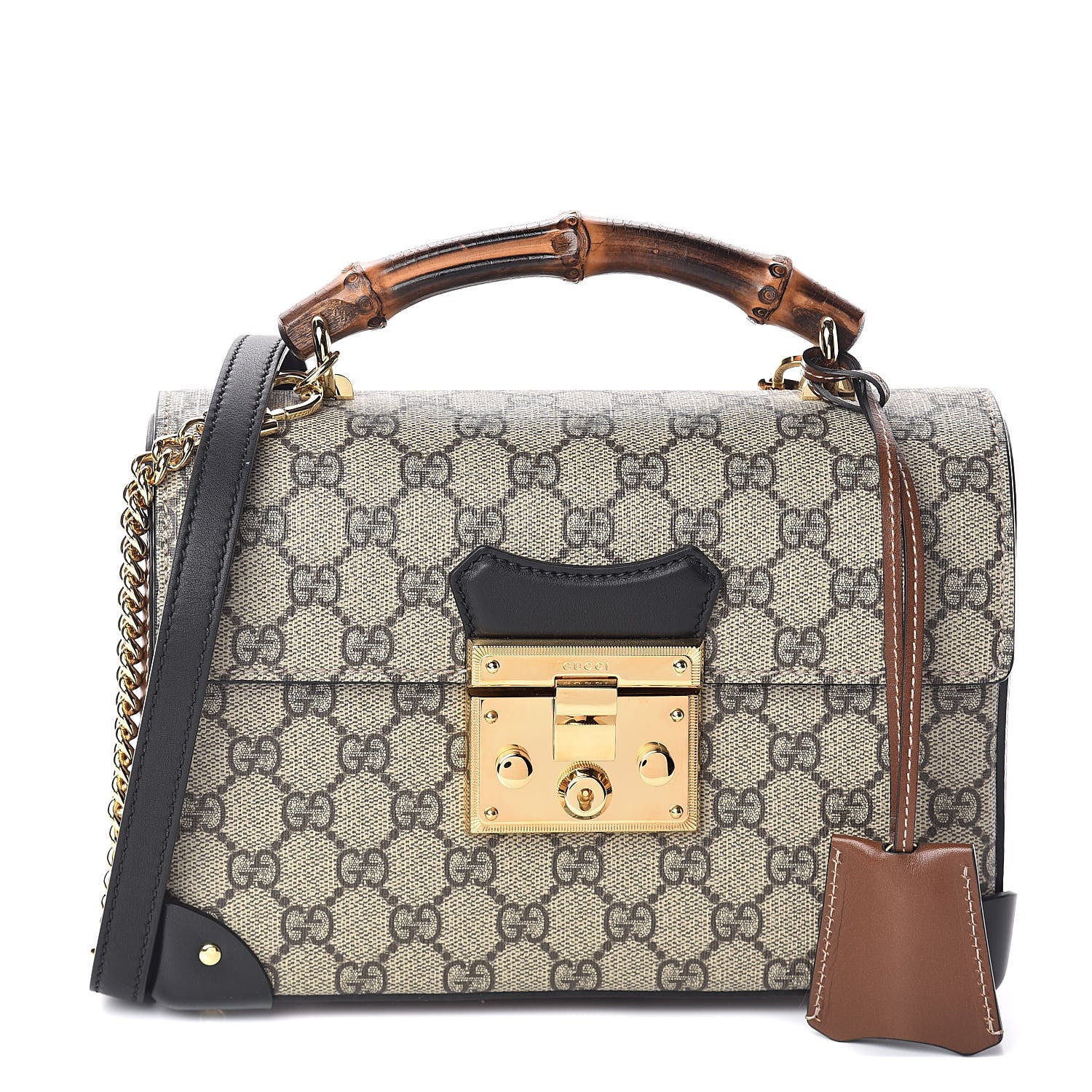 Gucci GG Supreme Monogram Small Padlock Bamboo Shoulder Bag Beige Black Cuir 1 of 8