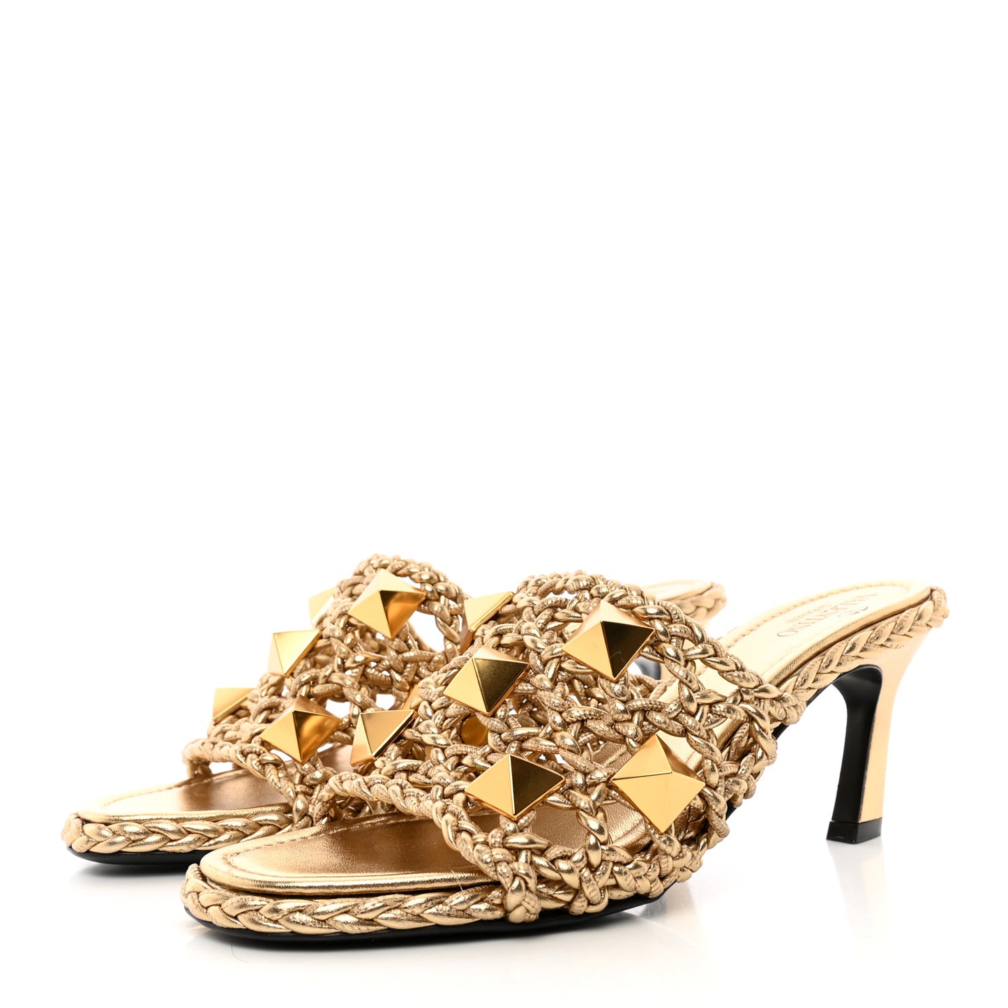 Metallic Nappa Woven Roman Stud 65mm Mule Sandals 38 Star Gold
