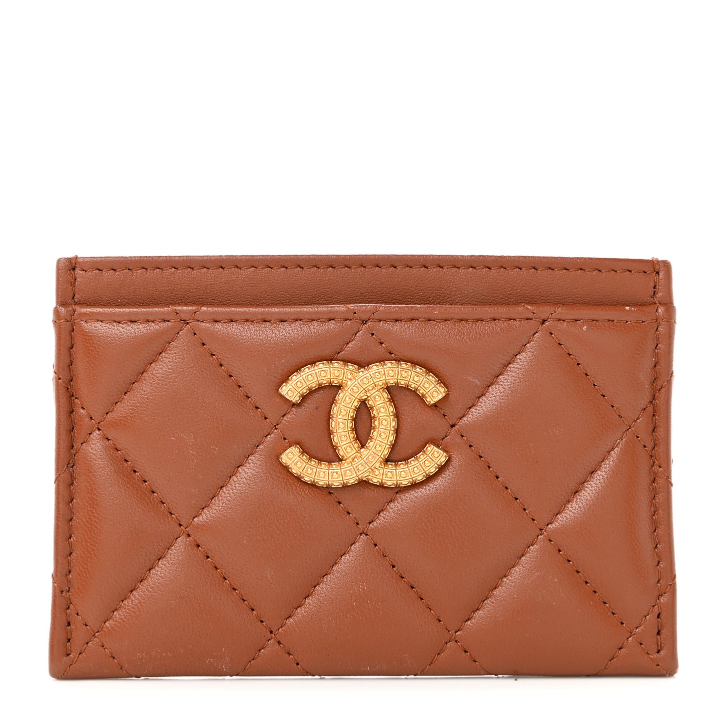 Lambskin Quilted Studded CC Card Holder Camel