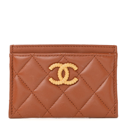 Chanel Lambskin Quilted Studded CC Card Holder Camel 1 of 19
