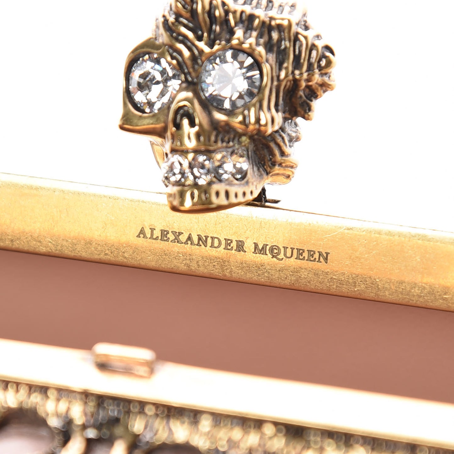 Metal Filigree Crystal Embellished Duchesse Skull Box Clutch Gold