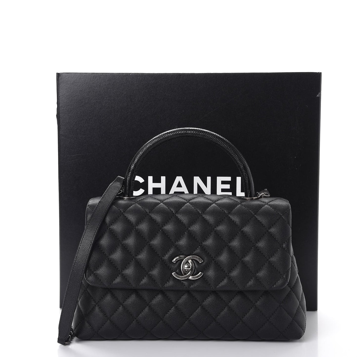 Caviar Lizard Quilted Small Coco Handle Flap Black