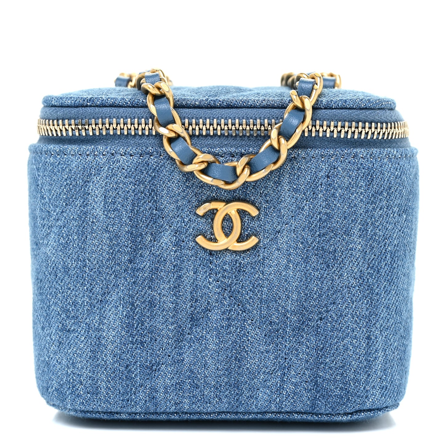 Denim Quilted Mini Pearl Crush Vanity Case With Chain