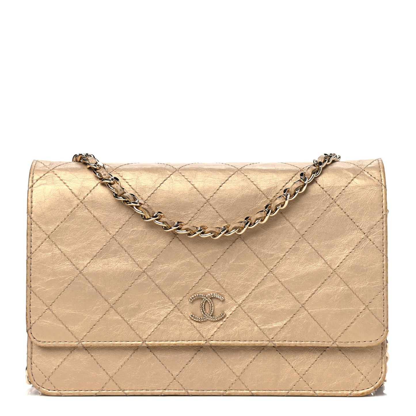 Metallic Aged Calfskin Quilted Wallet On Chain WOC Gold