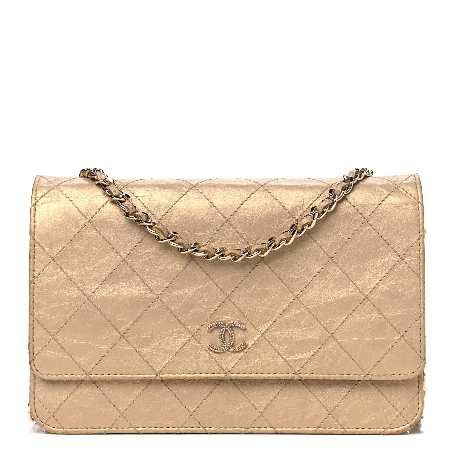 Chanel Metallic Aged Calfskin Quilted Wallet On Chain WOC Gold 1 of 7