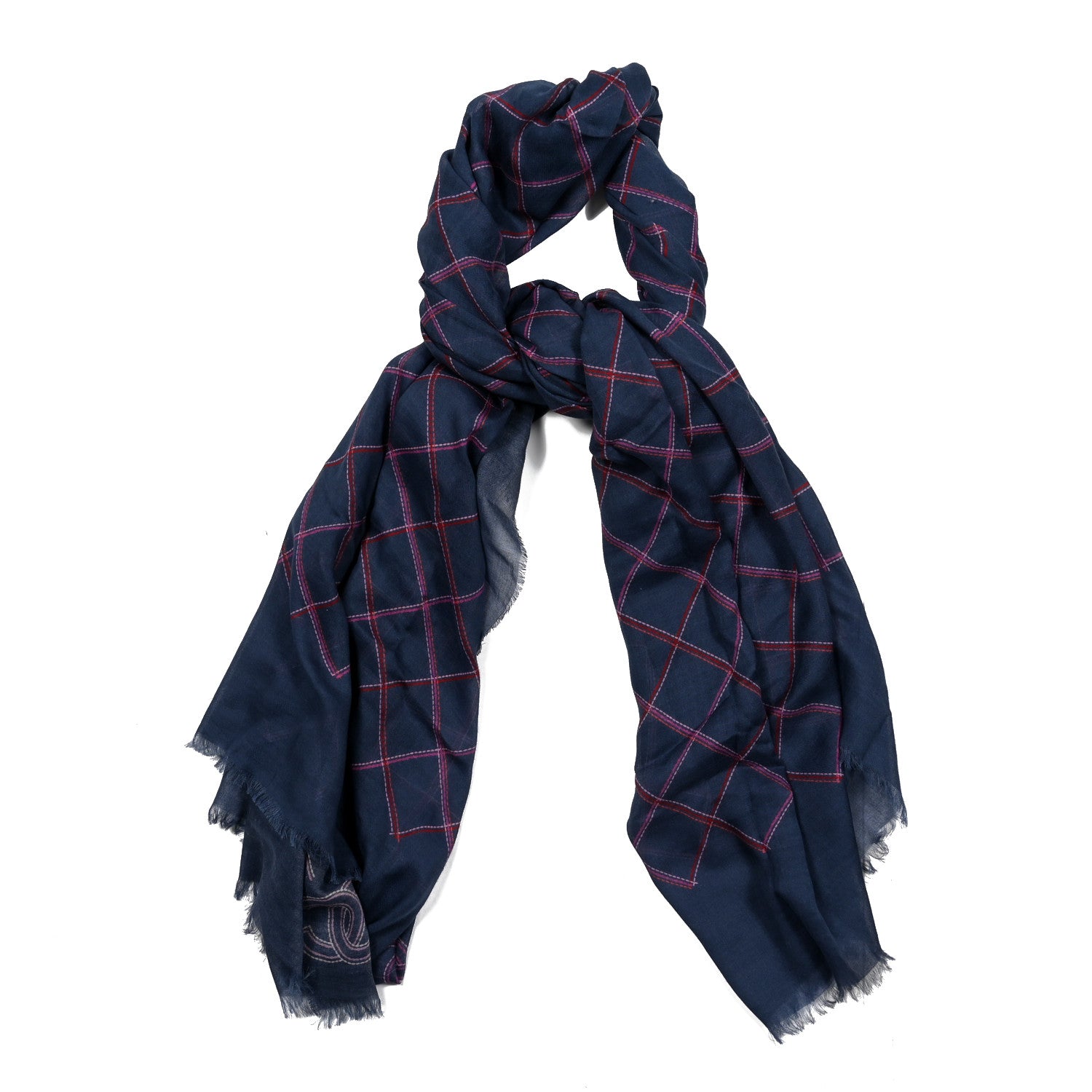 Chanel Cotton Cashmere Quilted CC Logo Stole Navy Pink 1 of 4