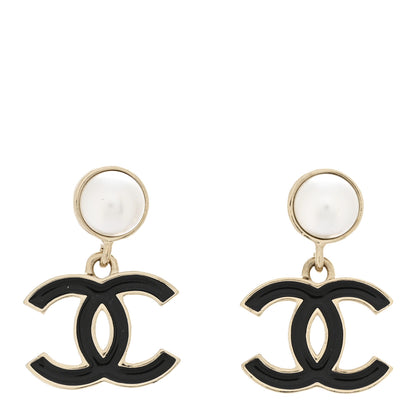 Chanel Pearl Enamel CC Drop Earrings Black 1 of 5