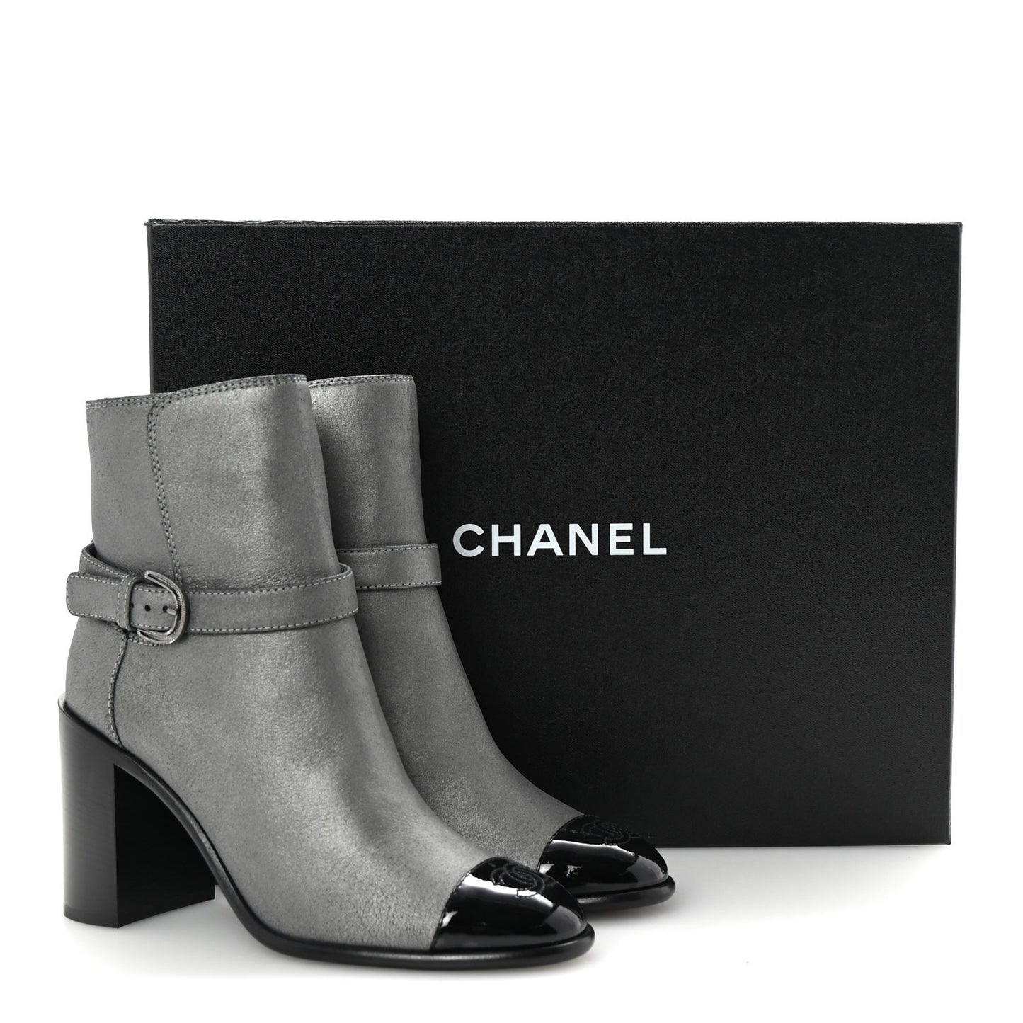 Suede Kidskin Patent Cap Toe Interlocking CC Ankle Boots 39 Dark Silver Black